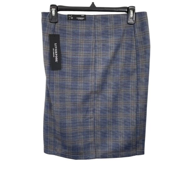 NWT Liverpool Blue Plaid Print‎ Stretch Pencil Skirt Size 6P - Picture 2 of 7